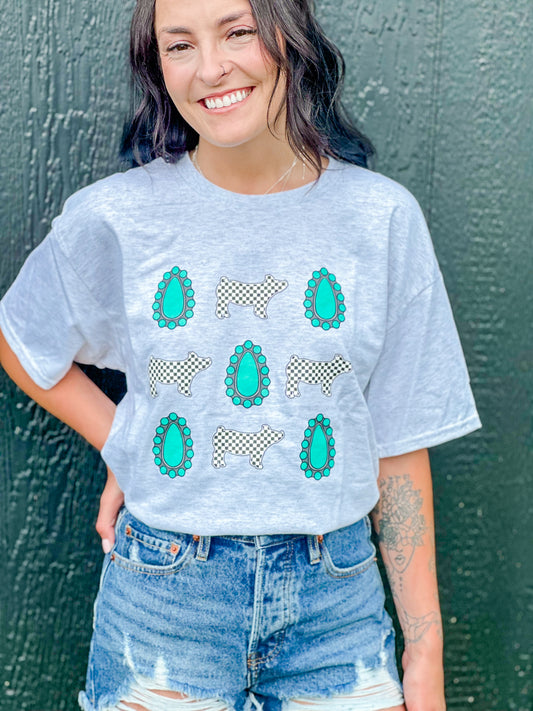 Turquoise + Pigs Checkered Tee