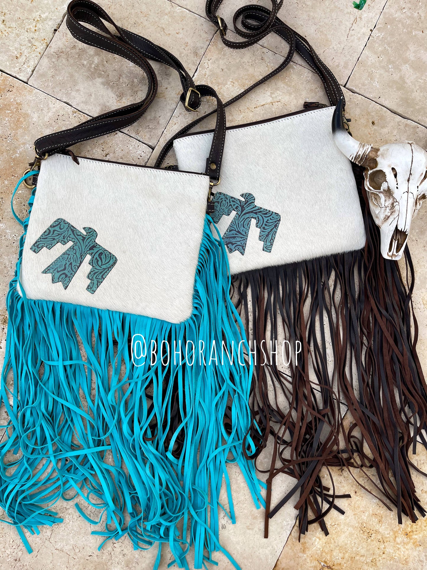 THUNDERBIRD COWHIDE CROSSBODY - white/dark brown with turquoise thunderbird