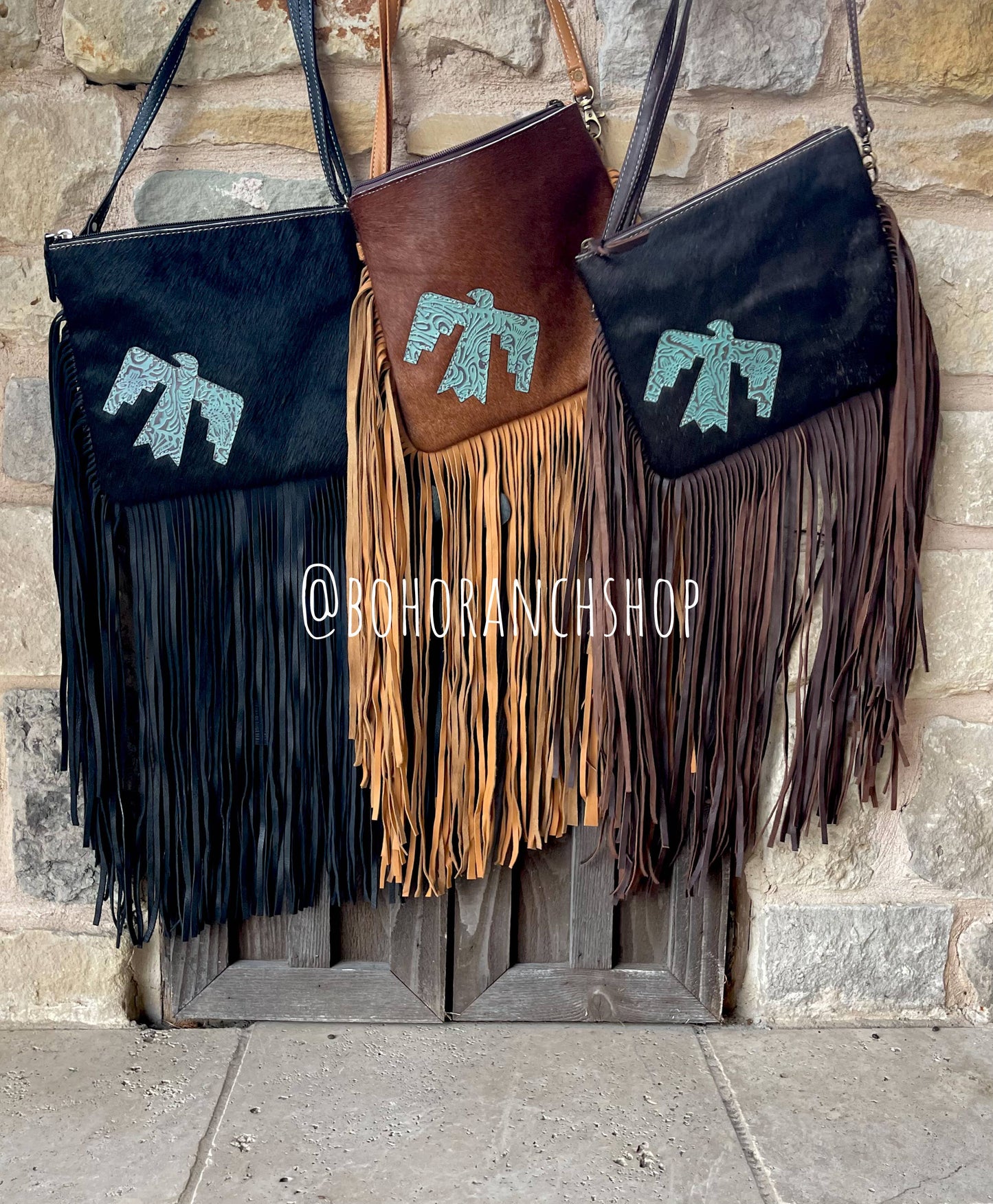 THUNDERBIRD COWHIDE CROSSBODY - white/dark brown with turquoise thunderbird