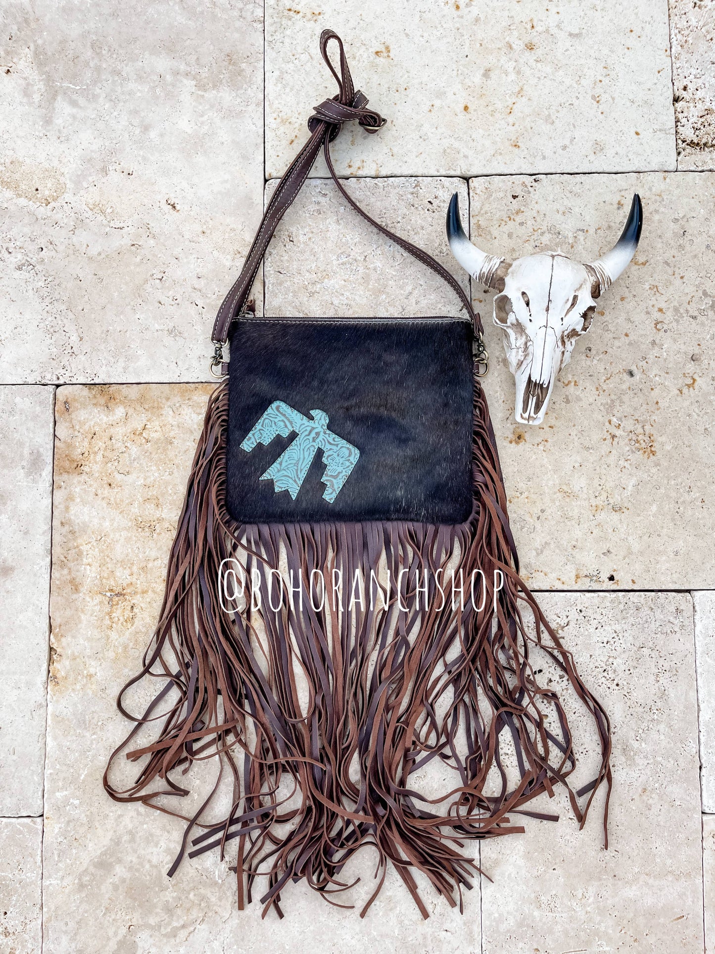 THUNDERBIRD COWHIDE CROSSBODY - white/dark brown with turquoise thunderbird