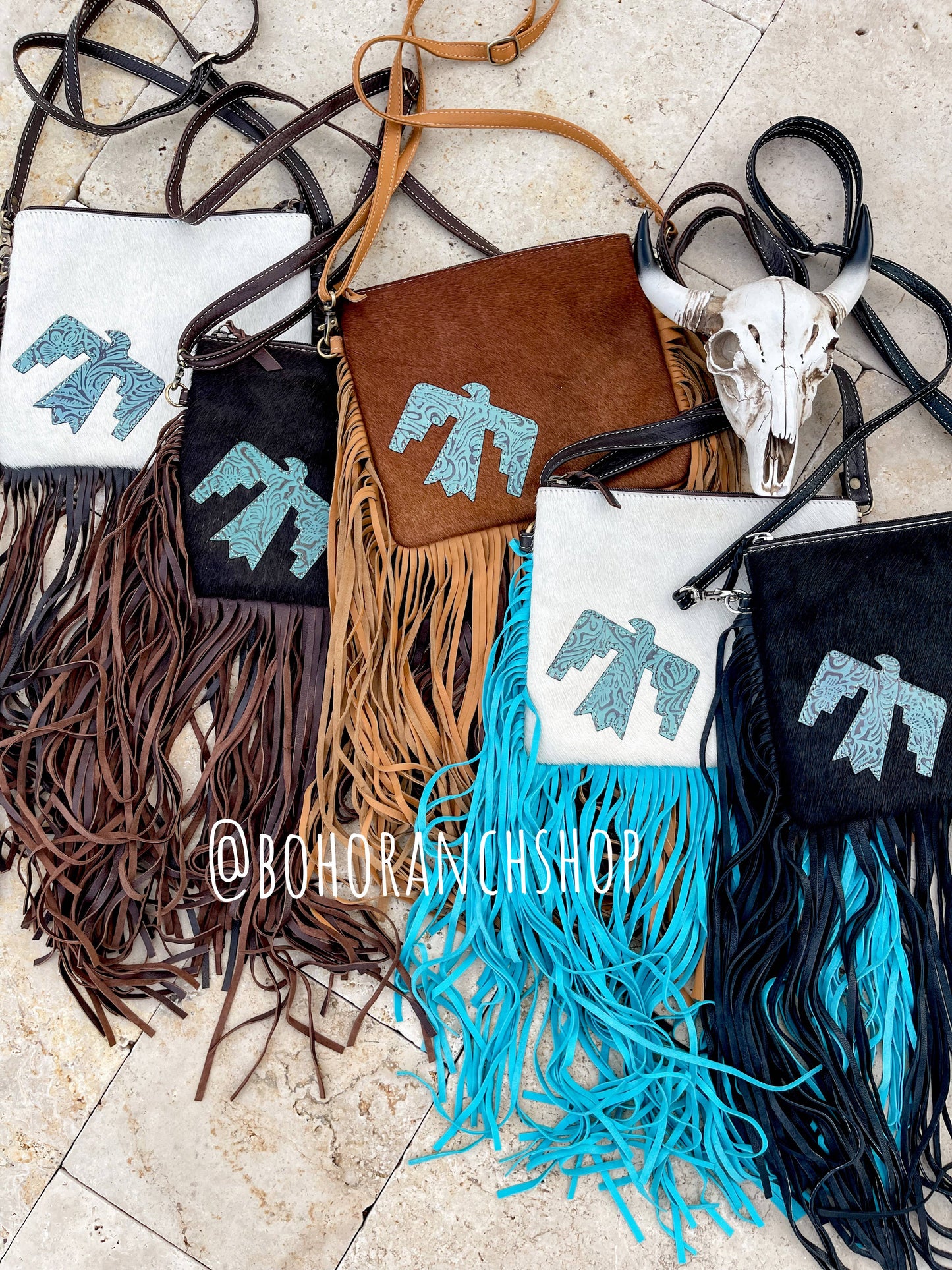 THUNDERBIRD COWHIDE CROSSBODY - white/dark brown with turquoise thunderbird