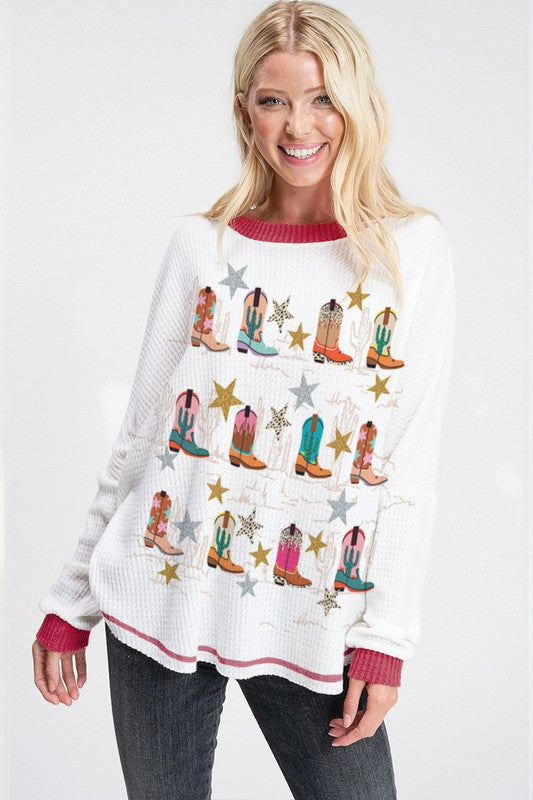 Boots print waffle knit top