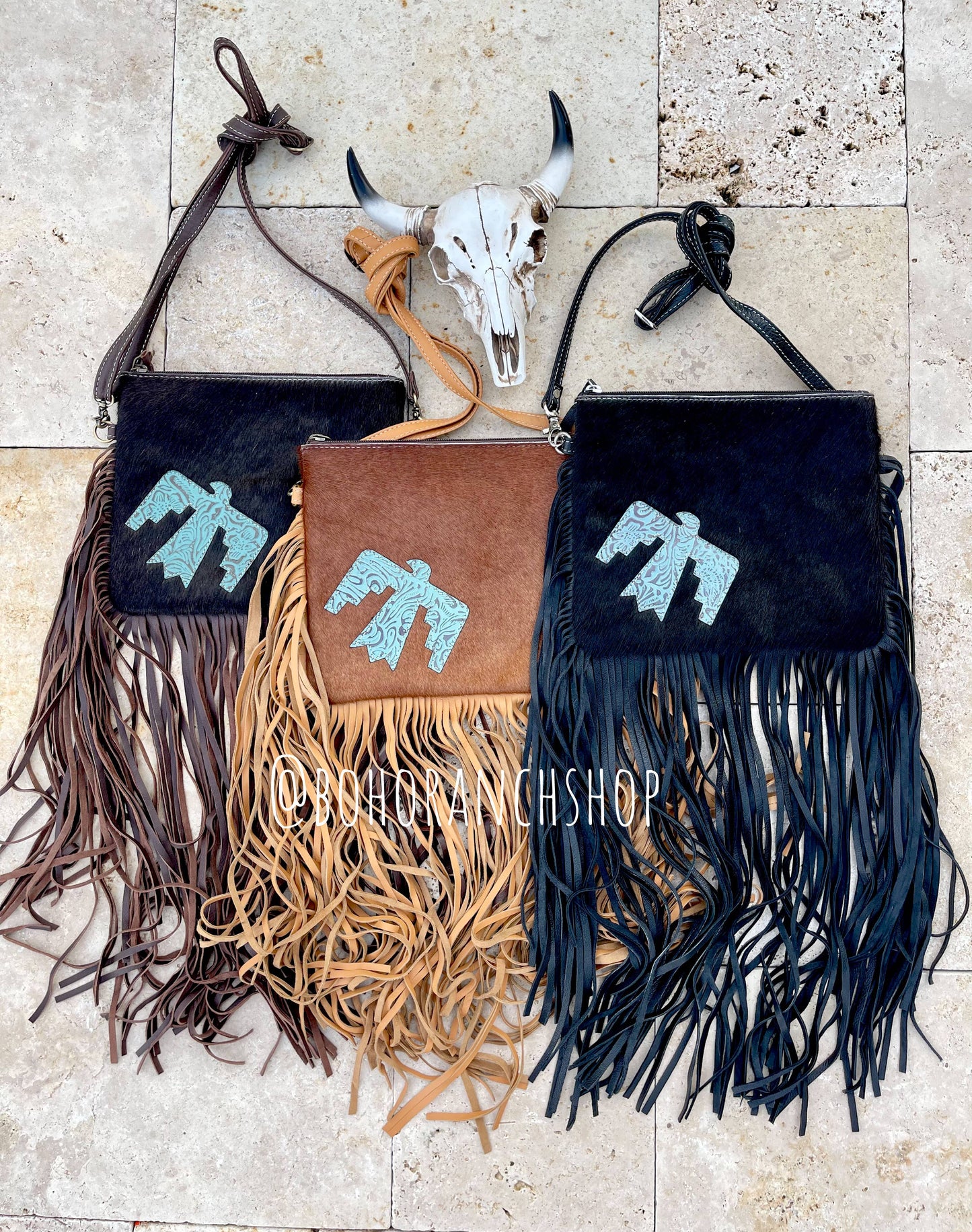 THUNDERBIRD COWHIDE CROSSBODY - white/dark brown with turquoise thunderbird