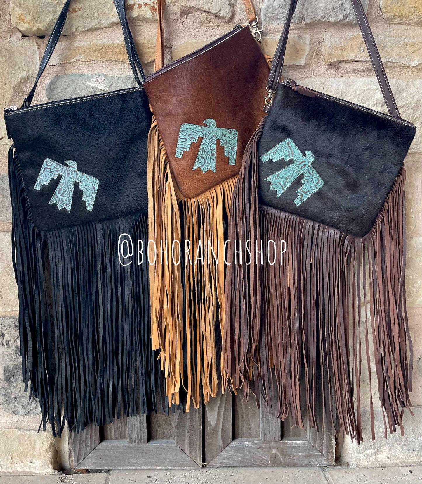 THUNDERBIRD COWHIDE CROSSBODY - white/dark brown with turquoise thunderbird