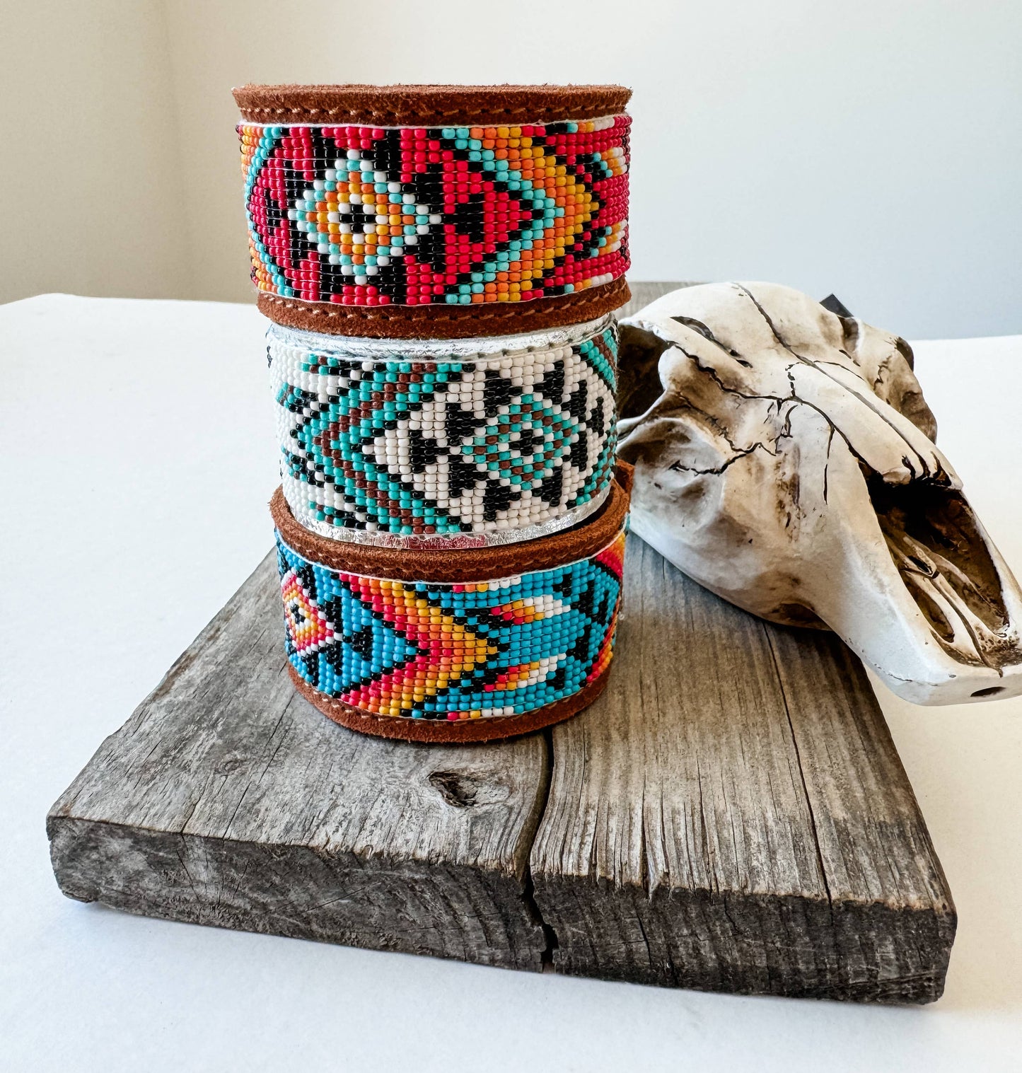 Western Aztec Pattern Seed Bead Leather Cuff Bracelet