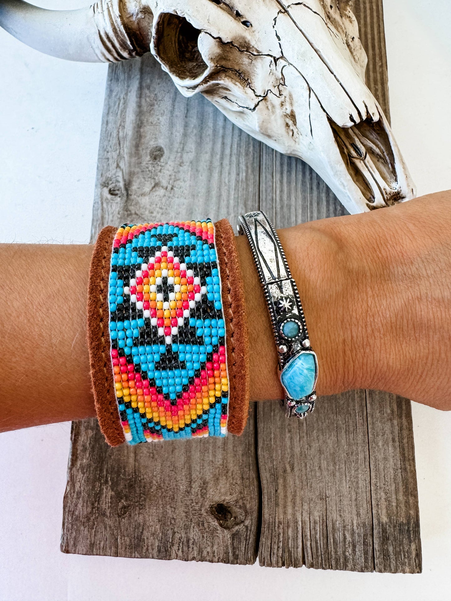 Western Aztec Pattern Seed Bead Leather Cuff Bracelet