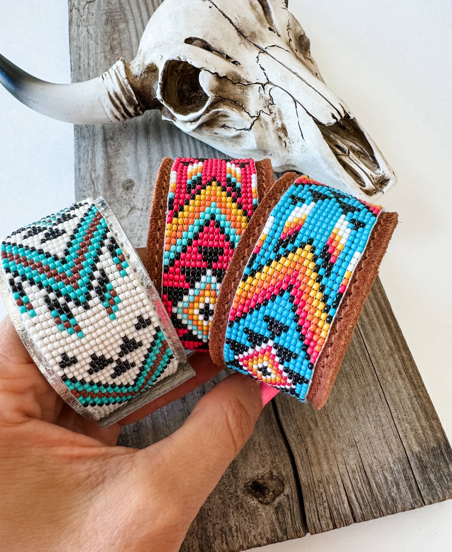 Western Aztec Pattern Seed Bead Leather Cuff Bracelet