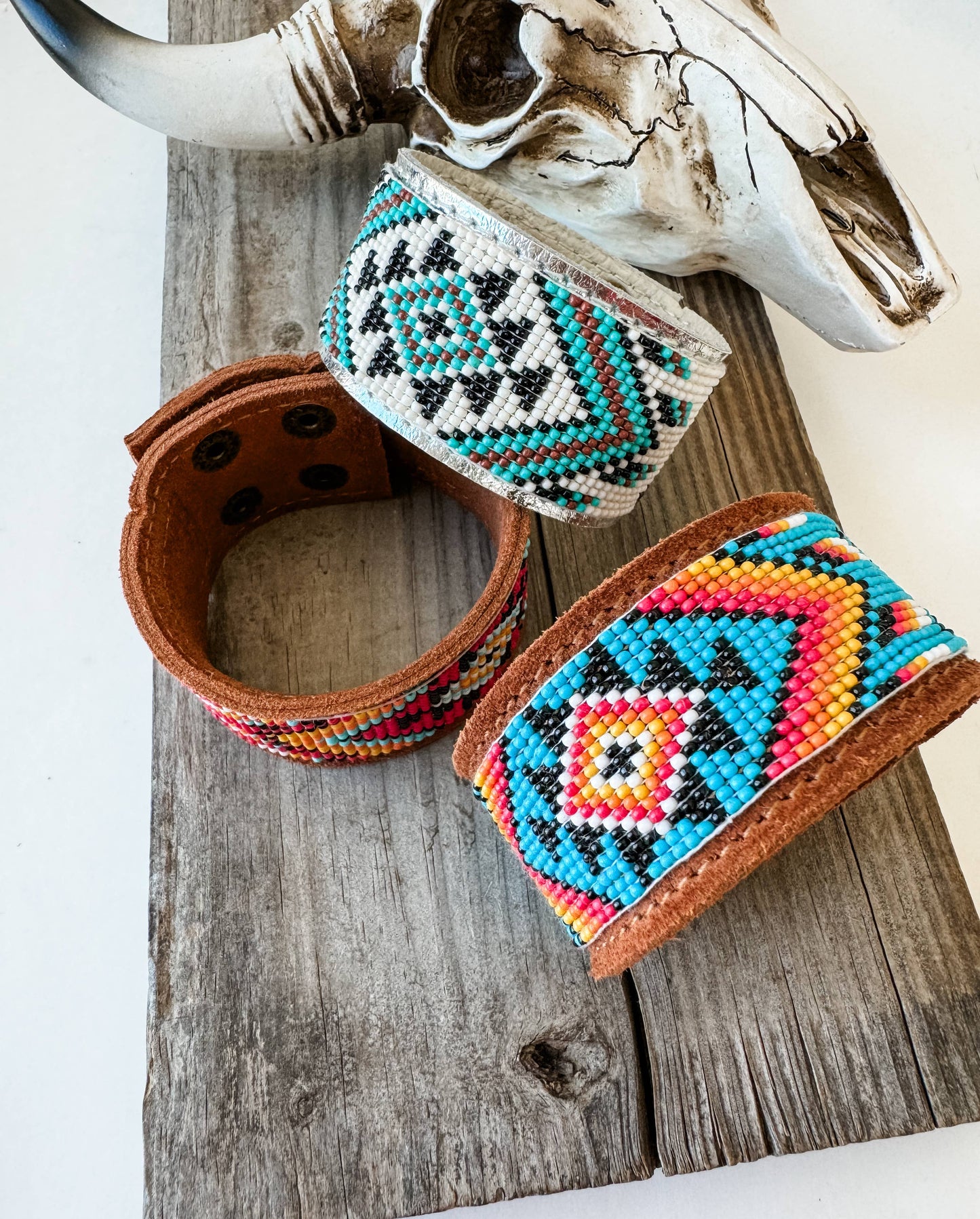 Western Aztec Pattern Seed Bead Leather Cuff Bracelet