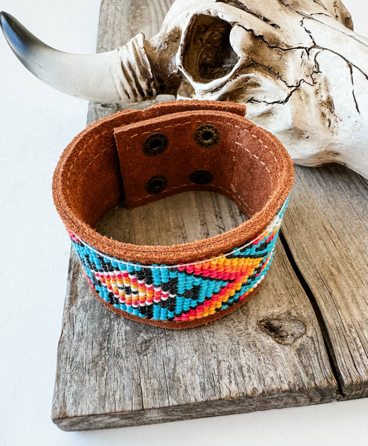 Western Aztec Pattern Seed Bead Leather Cuff Bracelet