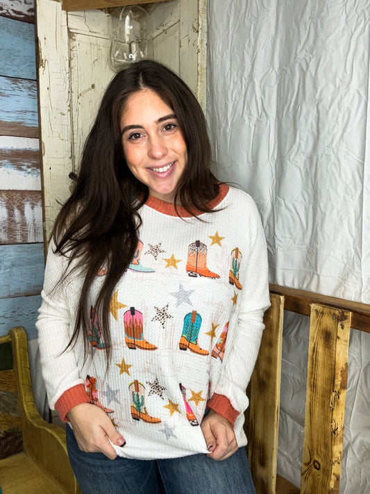 Boots print waffle knit top