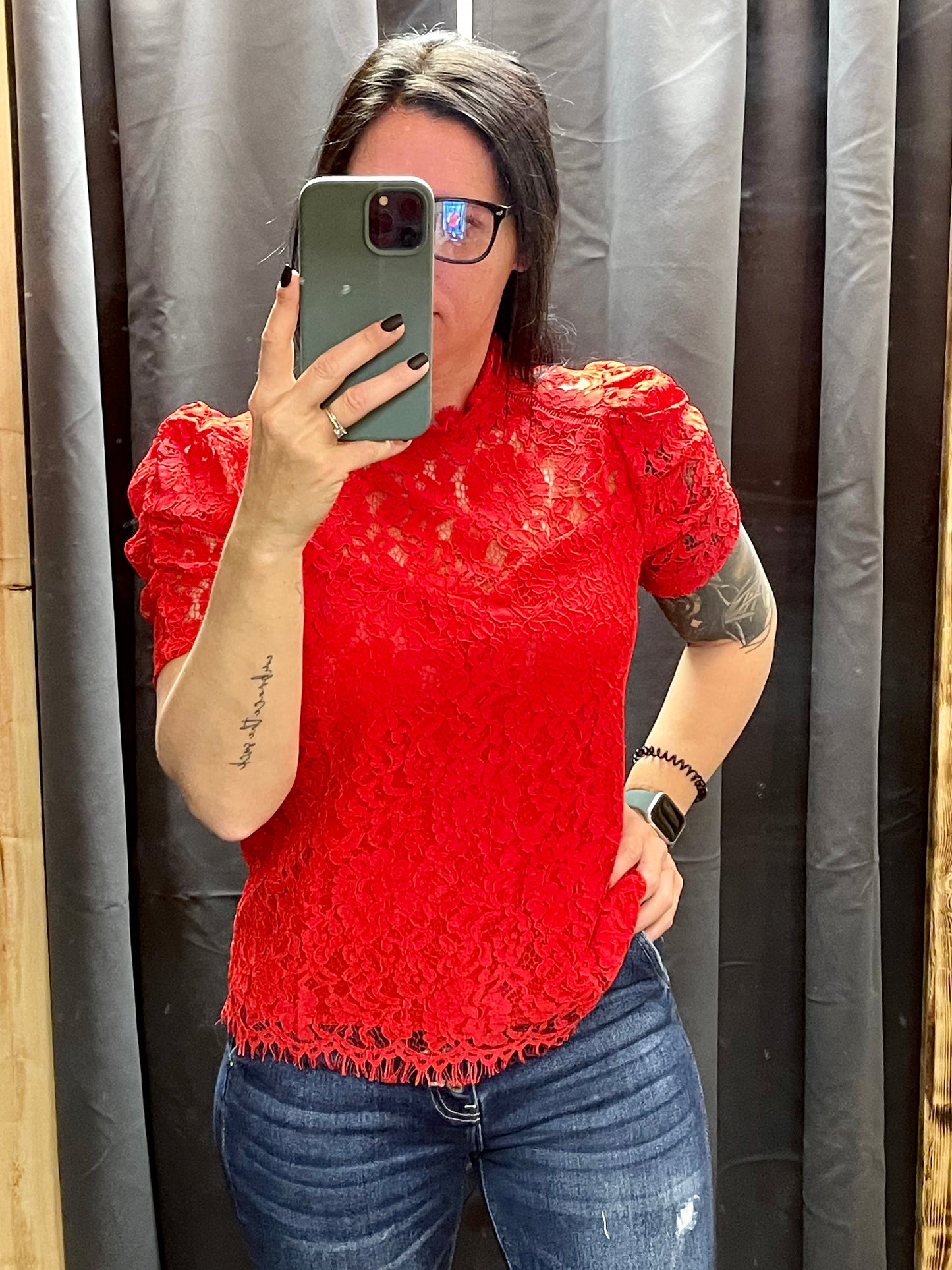 Red Sheer Lace Short Sleeve Top