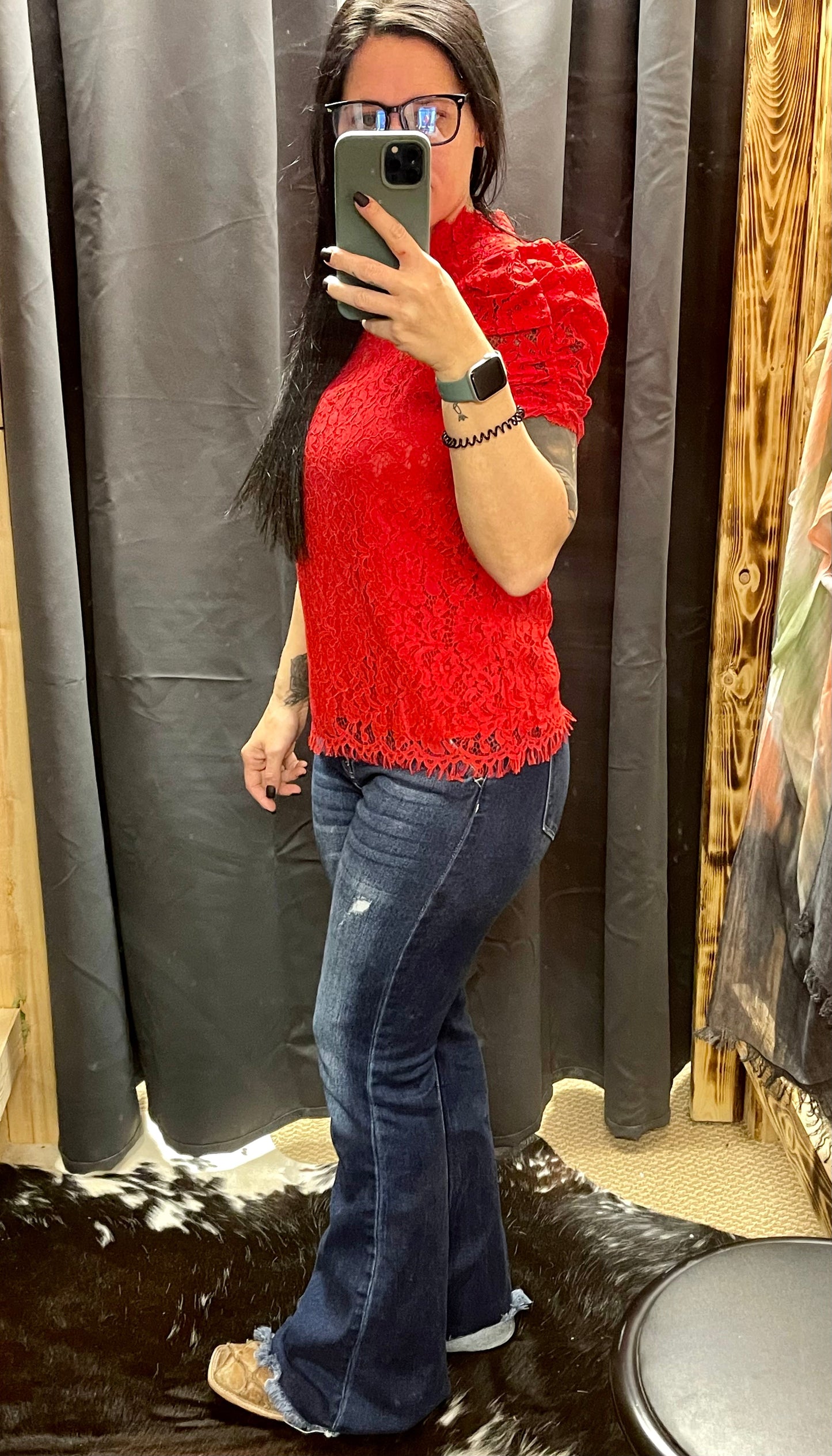 Red Sheer Lace Short Sleeve Top