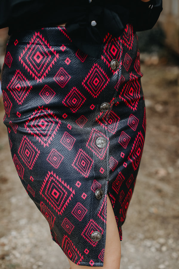 Pink & Black AZTEC OVERLAP FAUX LEATHER SKIRT