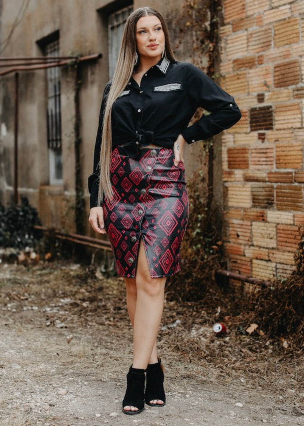 Pink & Black AZTEC OVERLAP FAUX LEATHER SKIRT